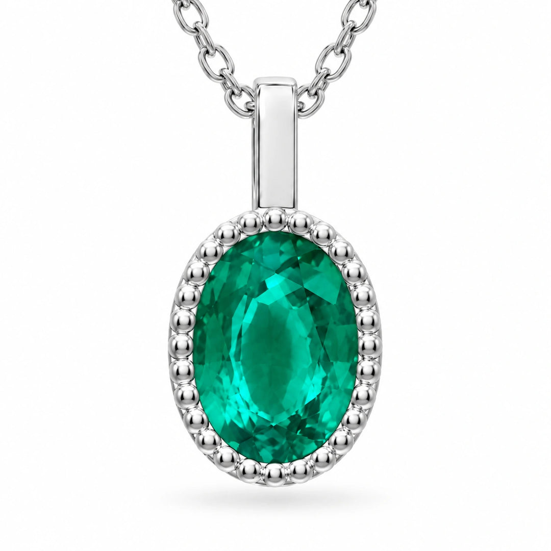 Oval Bezel Lab Emerald Pendant (Colombian Green) close-up detail, product visualization