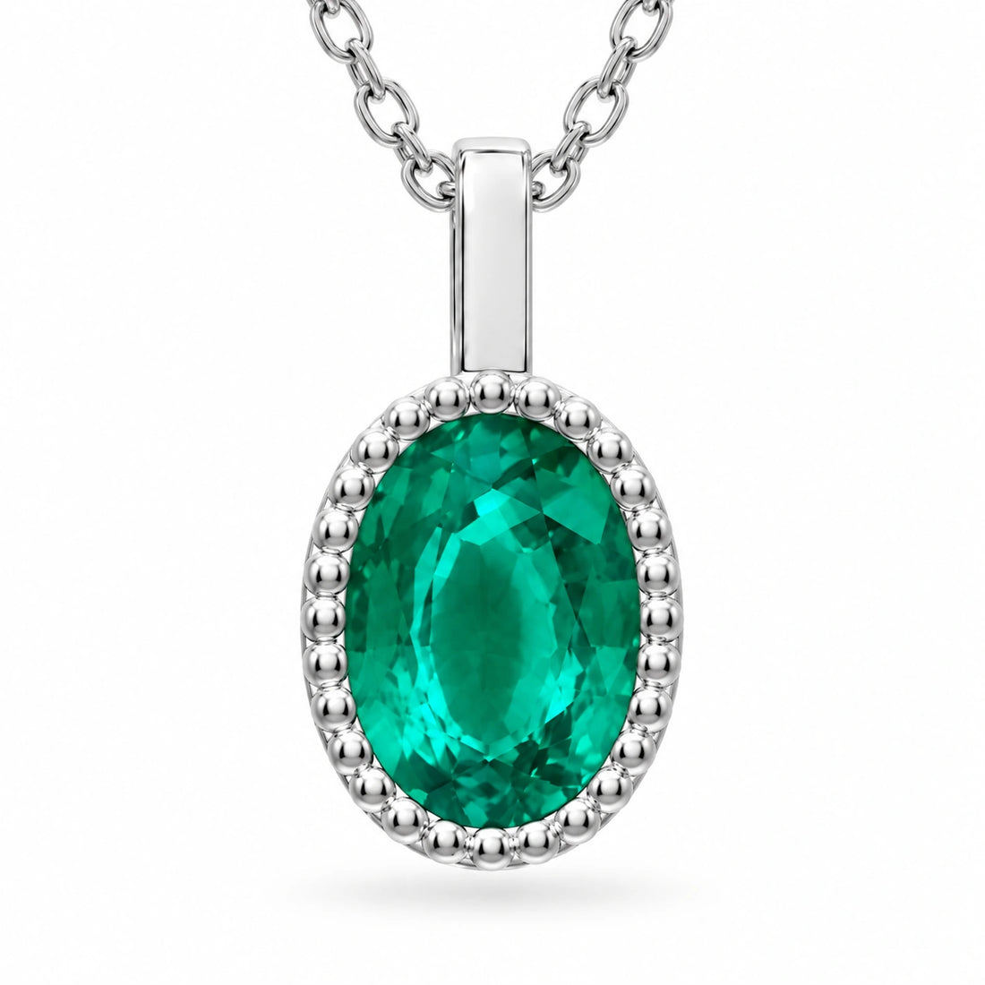 Oval Bezel Lab Emerald Pendant (Colombian Green) close-up detail