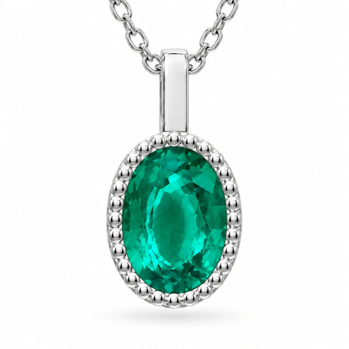 Oval Bezel Lab Emerald Pendant (Colombian Green) close-up detail, product visualization