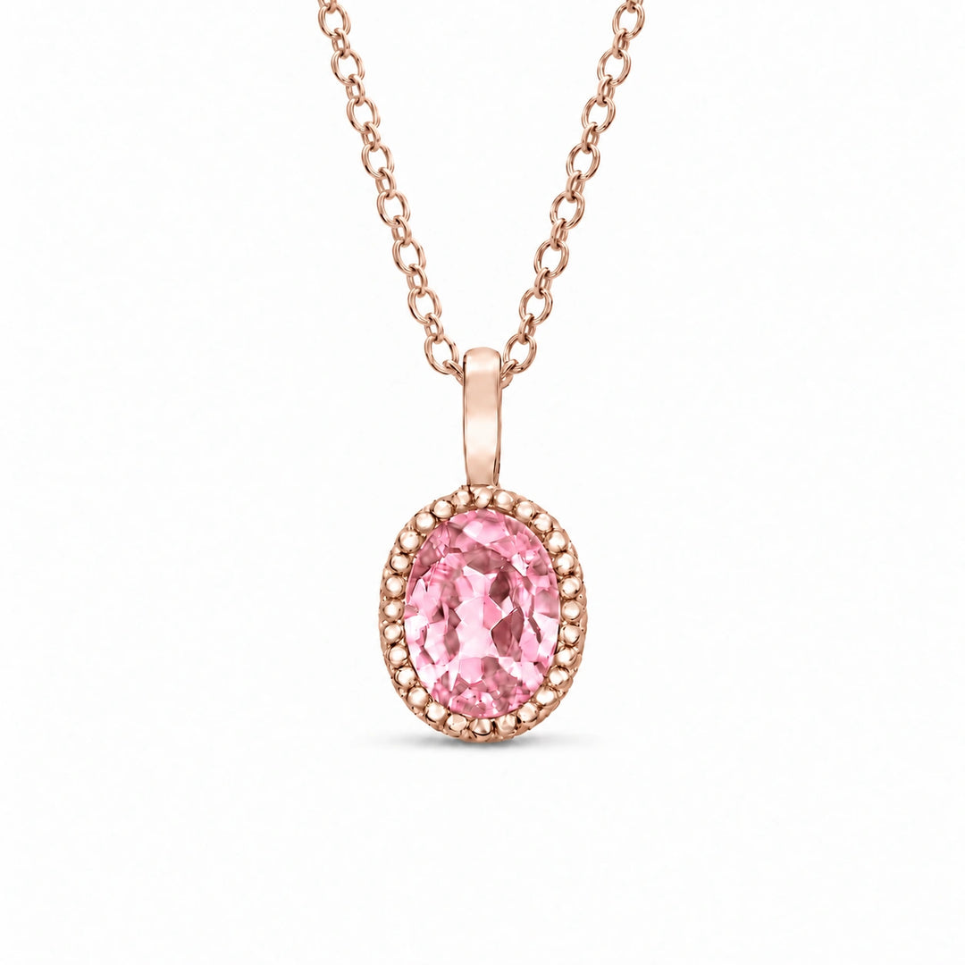 Oval Bezel Lab Pink Sapphire Pendant in 14K Rose Gold, product visualization