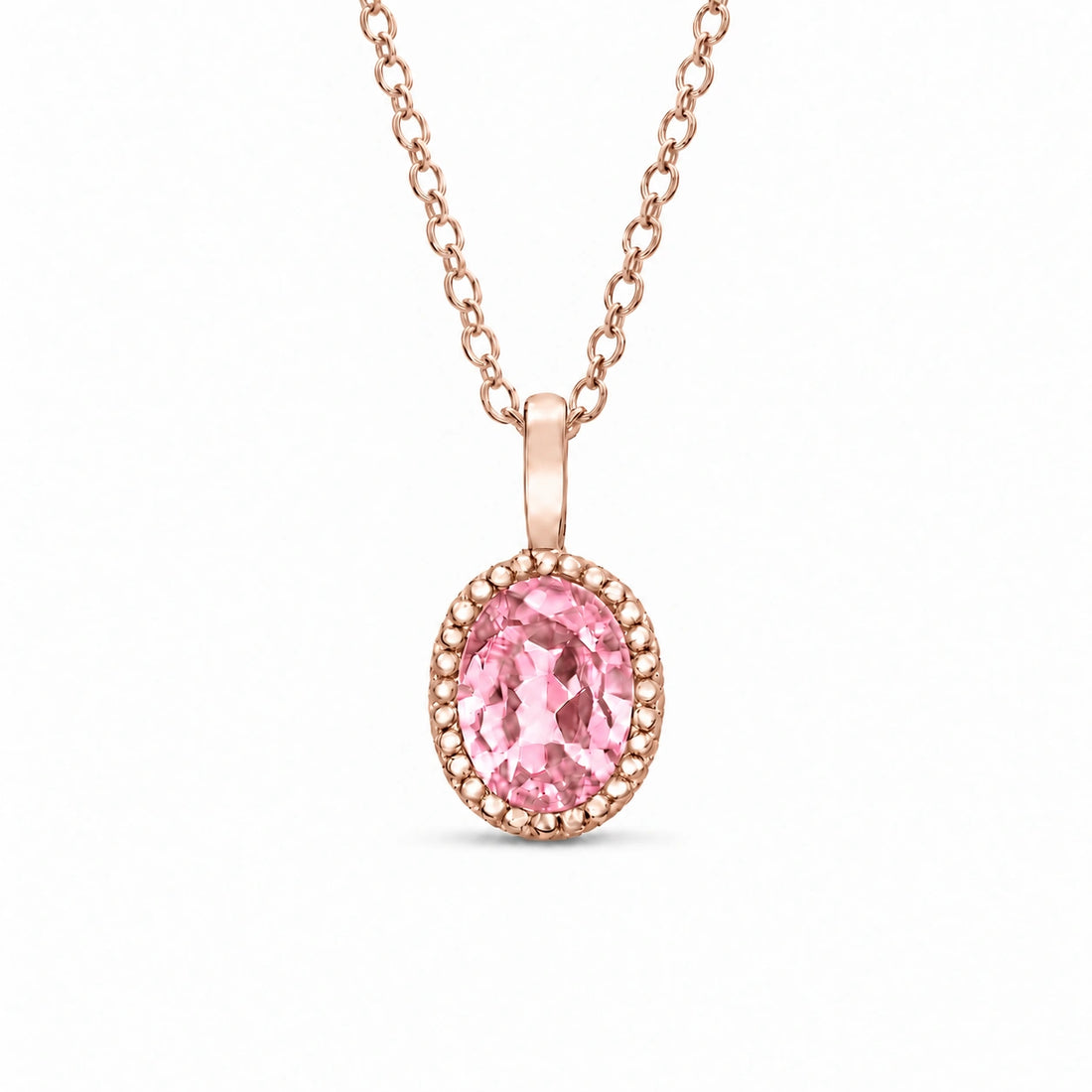 Oval Bezel Lab Pink Sapphire Pendant in 14K Rose Gold