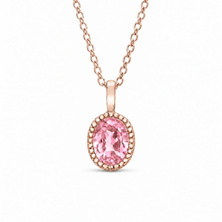 Oval Bezel Lab Pink Sapphire Pendant in 14K Rose Gold, product visualization