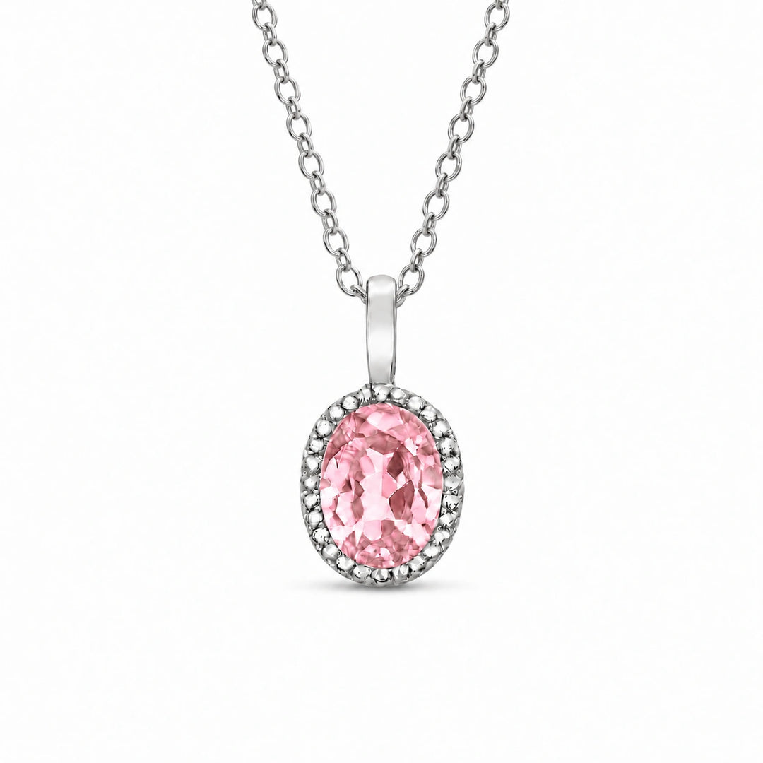 Oval Bezel Lab Pink Sapphire Pendant in 14K White Gold, product visualization