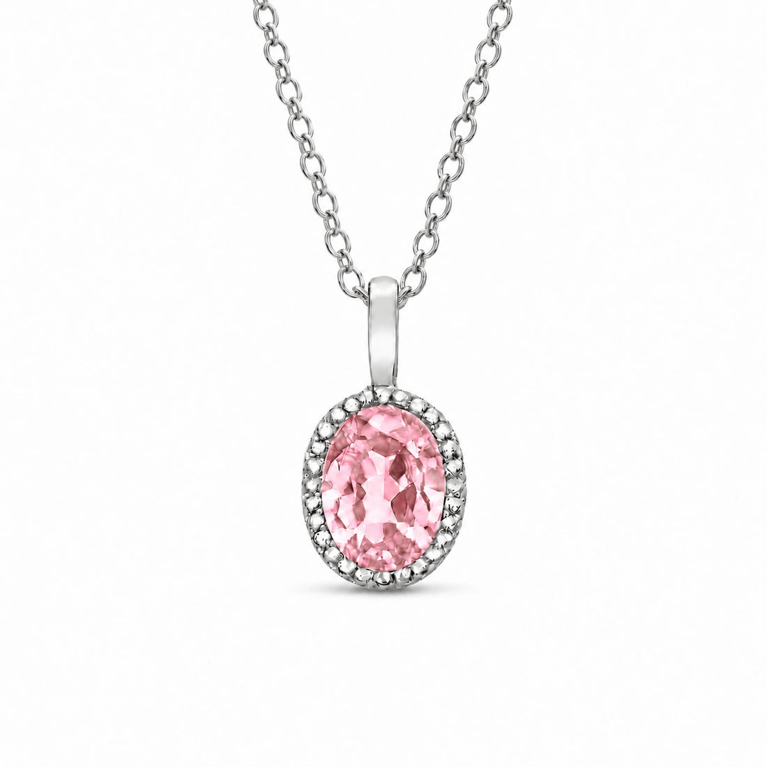 Oval Bezel Lab Pink Sapphire Pendant in 14K White Gold