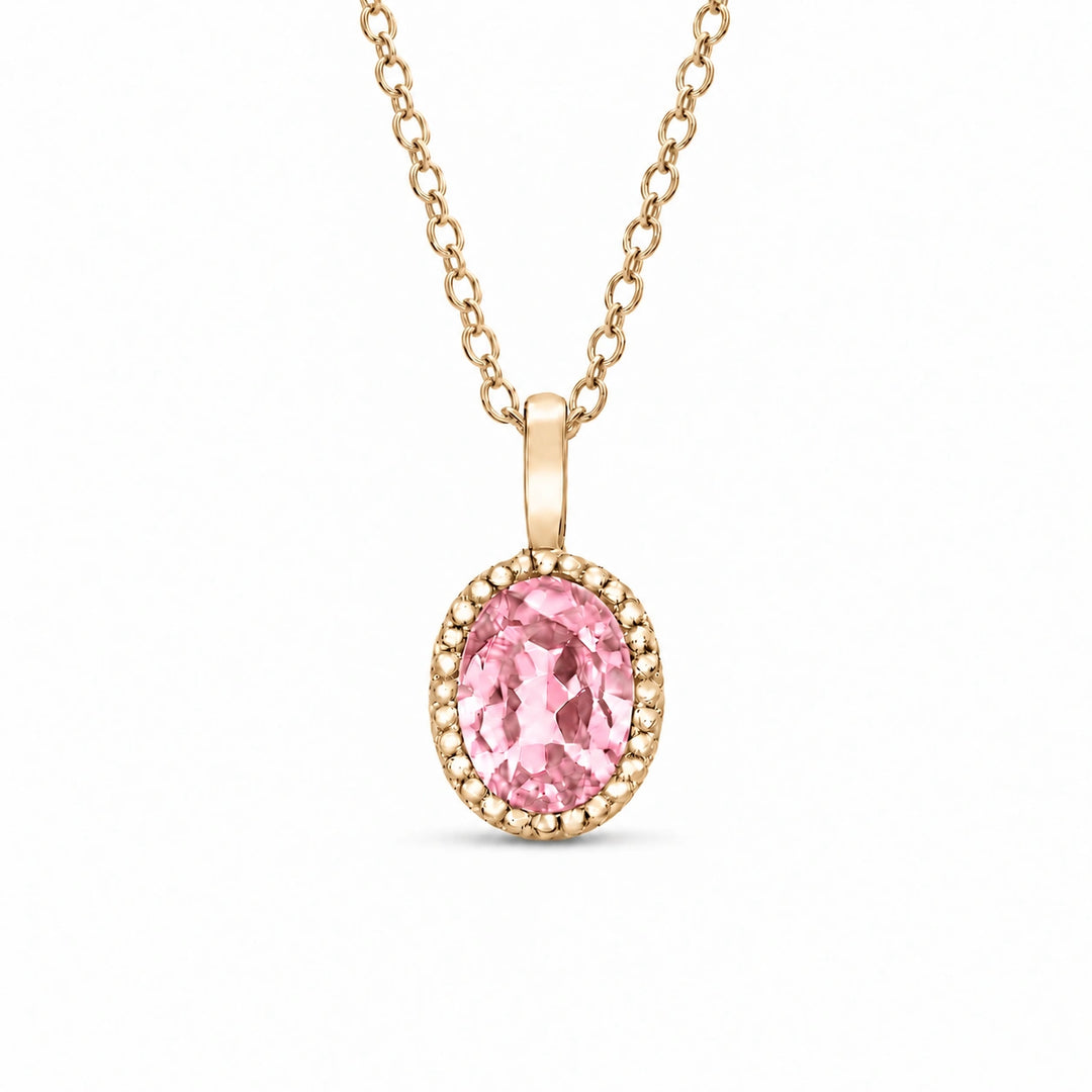 Oval Bezel Lab Pink Sapphire Pendant in 14K Yellow Gold, product visualization