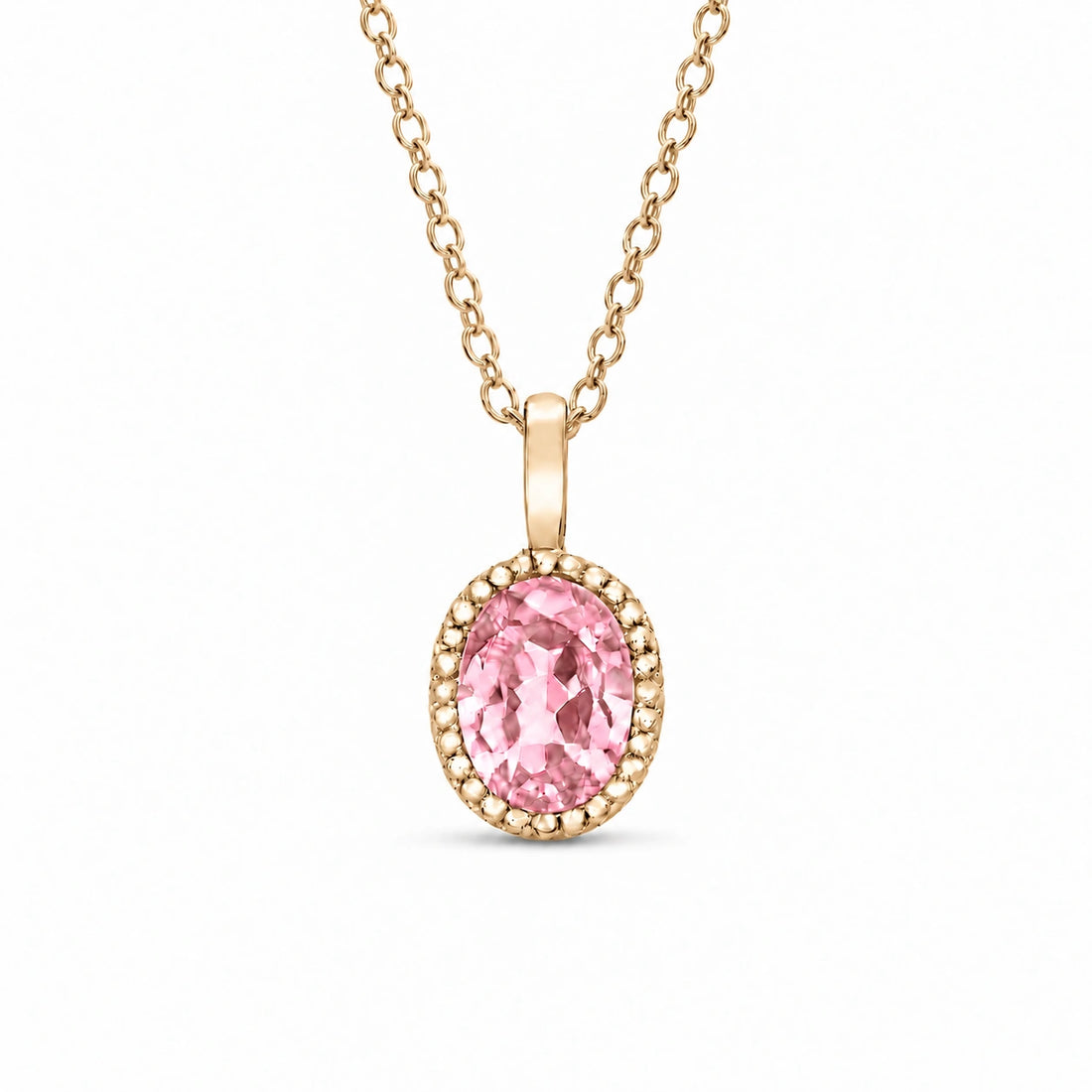 Oval Bezel Lab Pink Sapphire Pendant in 14K Yellow Gold