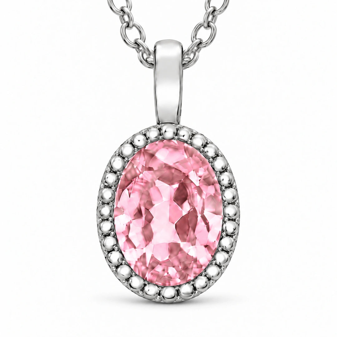 Oval Bezel Lab Pink Sapphire Pendant close-up detail, product visualization