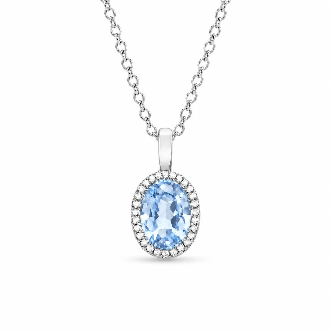 Oval Bezel Lab Light Blue Sapphire Pendant in 14K White Gold