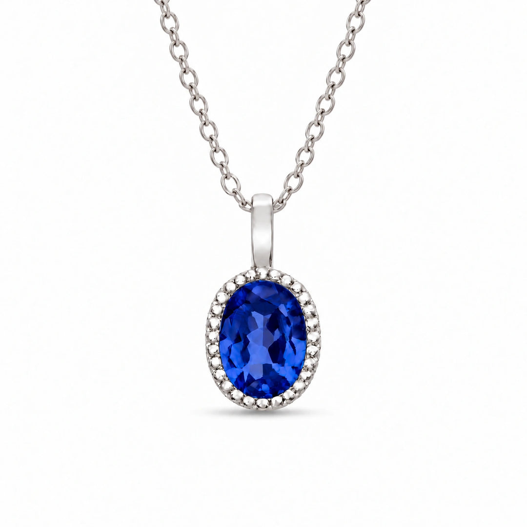 Oval Bezel Lab Blue Sapphire Pendant in Platinum 950, product visualization