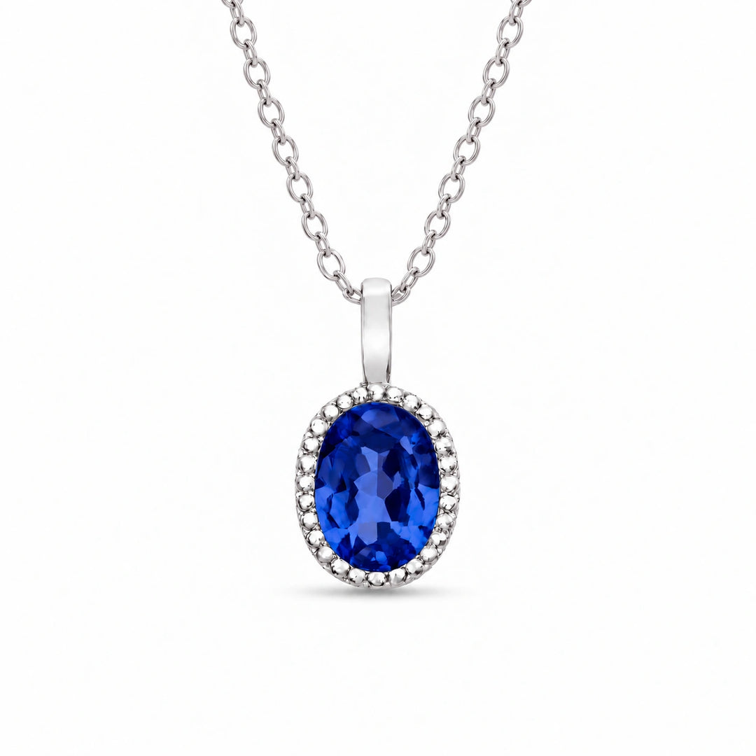 Oval Bezel Lab Blue Sapphire Pendant in 14K White Gold, product visualization