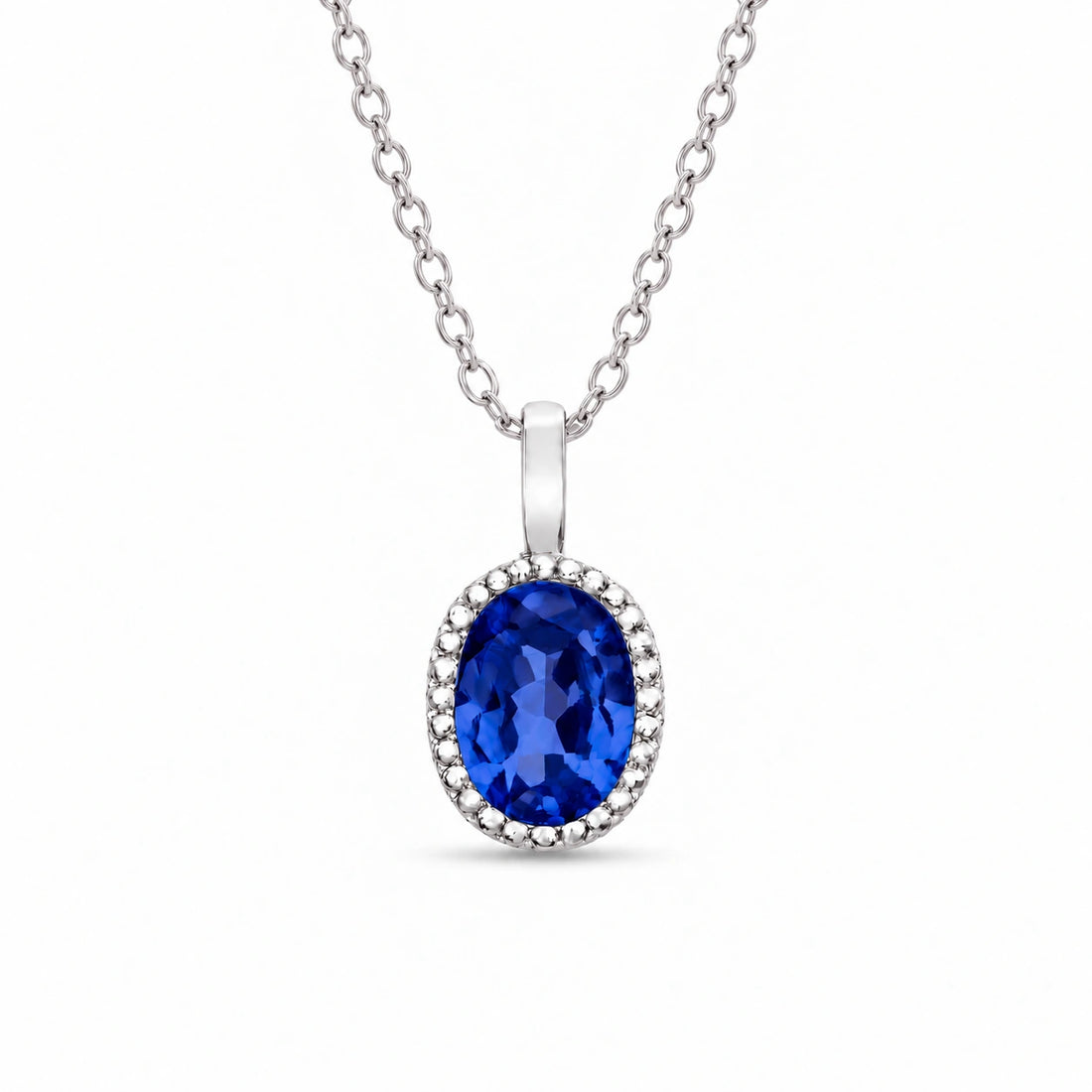 Oval Bezel Lab Blue Sapphire Pendant in 14K White Gold