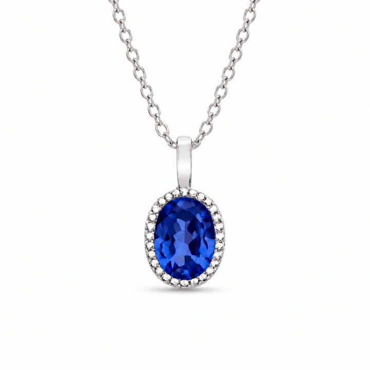 Oval Bezel Lab Blue Sapphire Pendant in 14K White Gold, product visualization