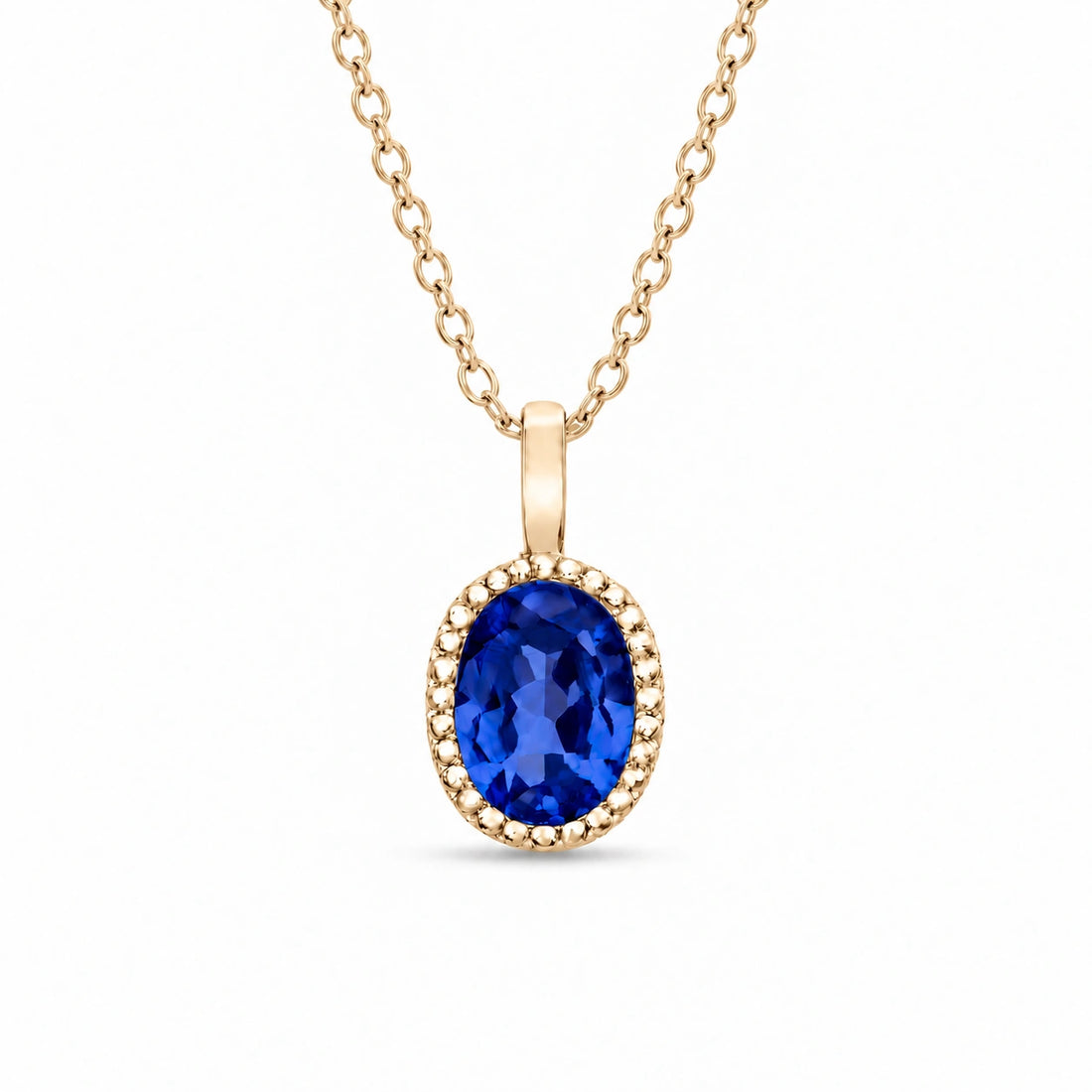 Oval Bezel Lab Blue Sapphire Pendant in 14K Yellow Gold