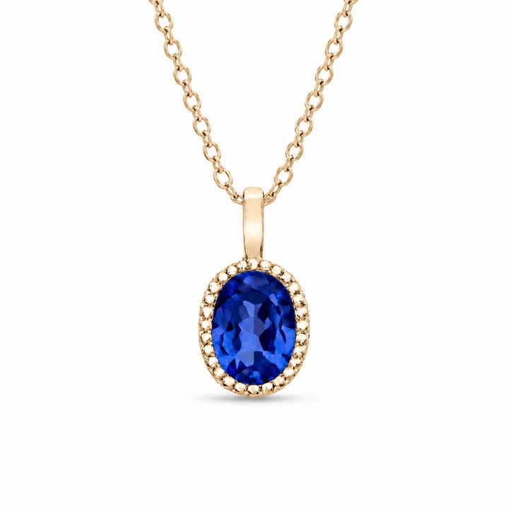 Oval Bezel Lab Blue Sapphire Pendant in 14K Yellow Gold, product visualization