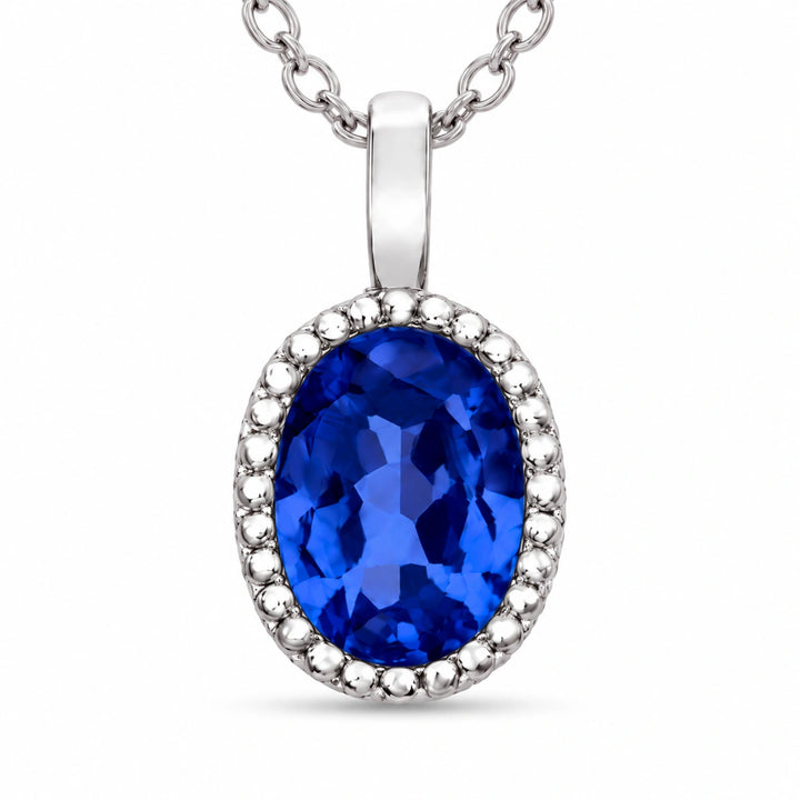 Oval Bezel Lab Blue Sapphire Pendant close-up detail, product visualization