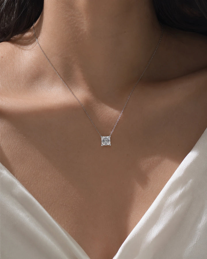 Asscher-Cut Lab Diamond Pendant worn on model