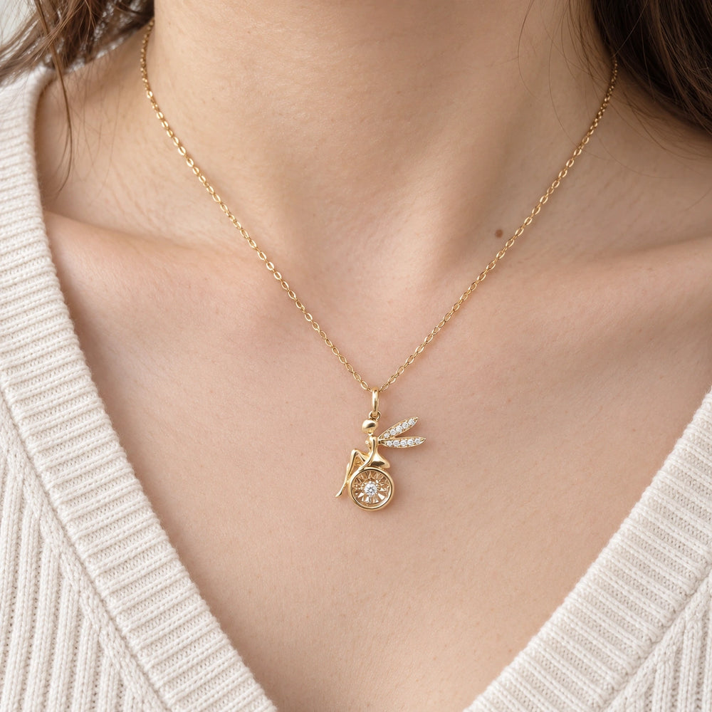 Fairy Pendant with Dancing Lab Diamond worn on model