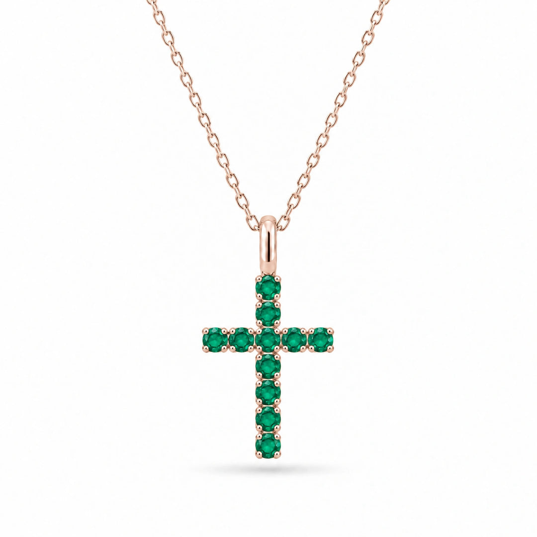 Lab Emerald Cross Pendant in 14K Rose Gold, product visualization