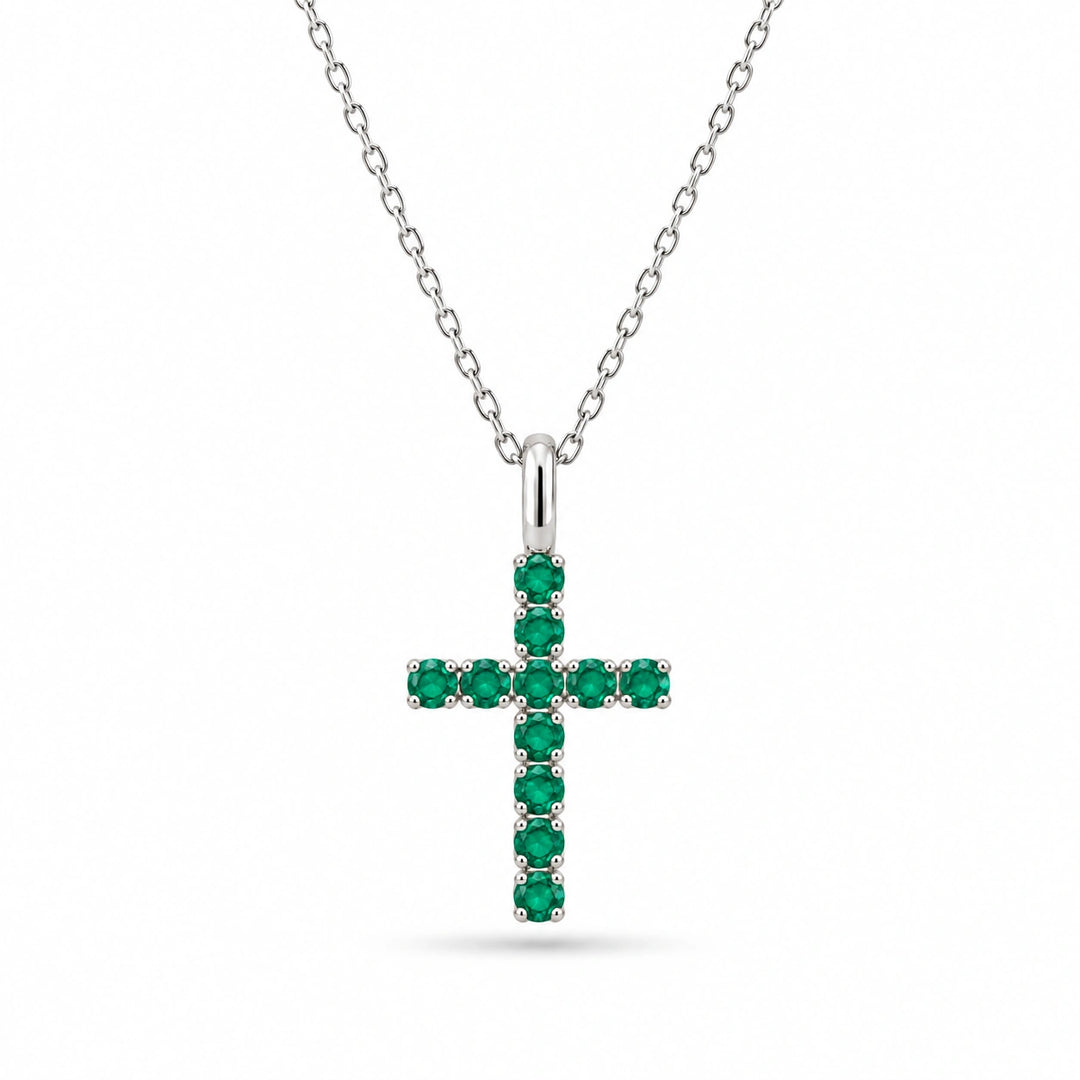 Lab Emerald Cross Pendant in 14K White Gold, product visualization
