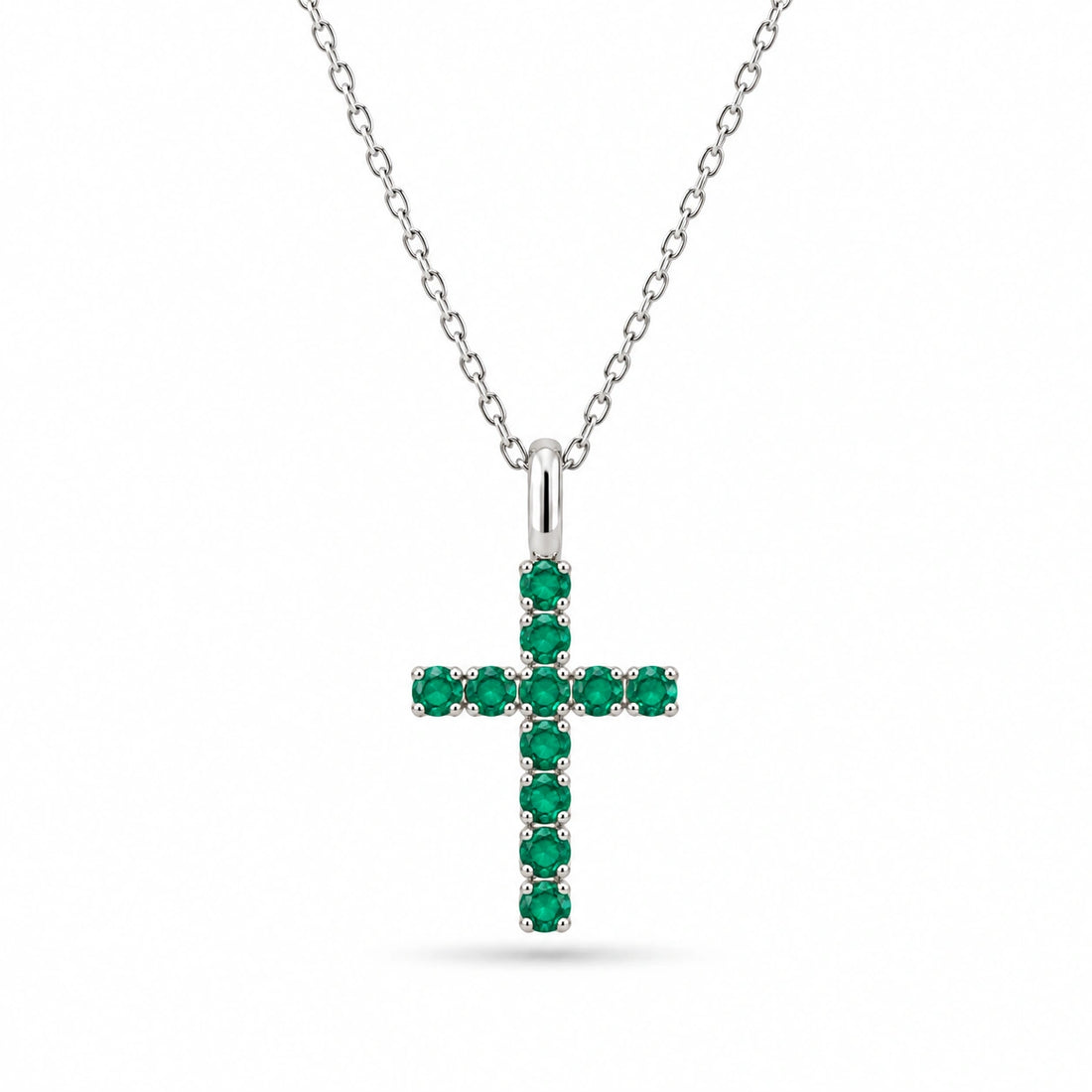 Lab Emerald Cross Pendant in 14K White Gold