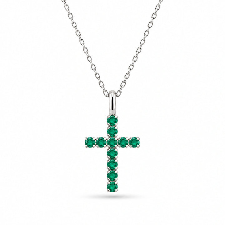 Lab Emerald Cross Pendant in 14K White Gold, product visualization