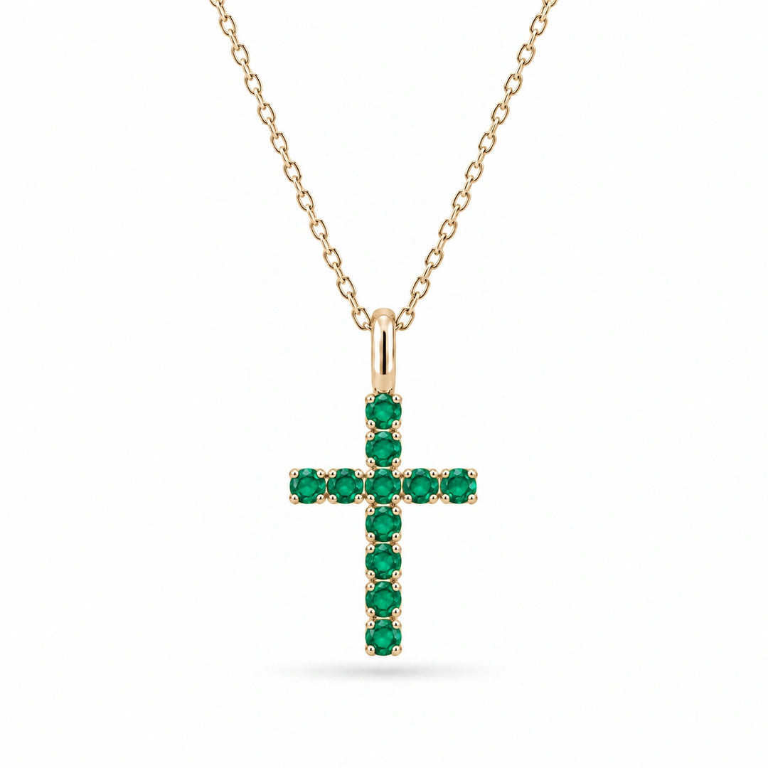 Lab Emerald Cross Pendant in 14K Yellow Gold, product visualization