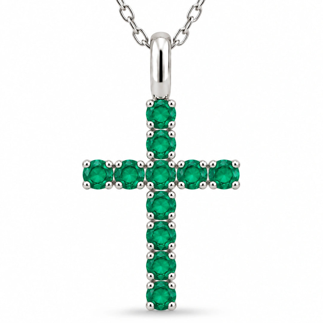 Lab Emerald Cross Pendant close-up detail, product visualization