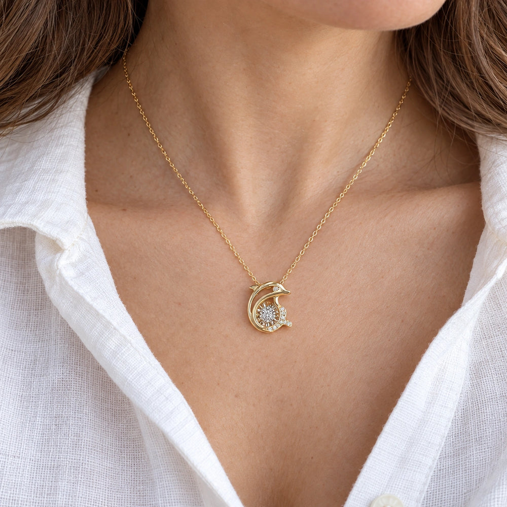 Dolphin Pendant with Dancing Lab Diamond worn on model