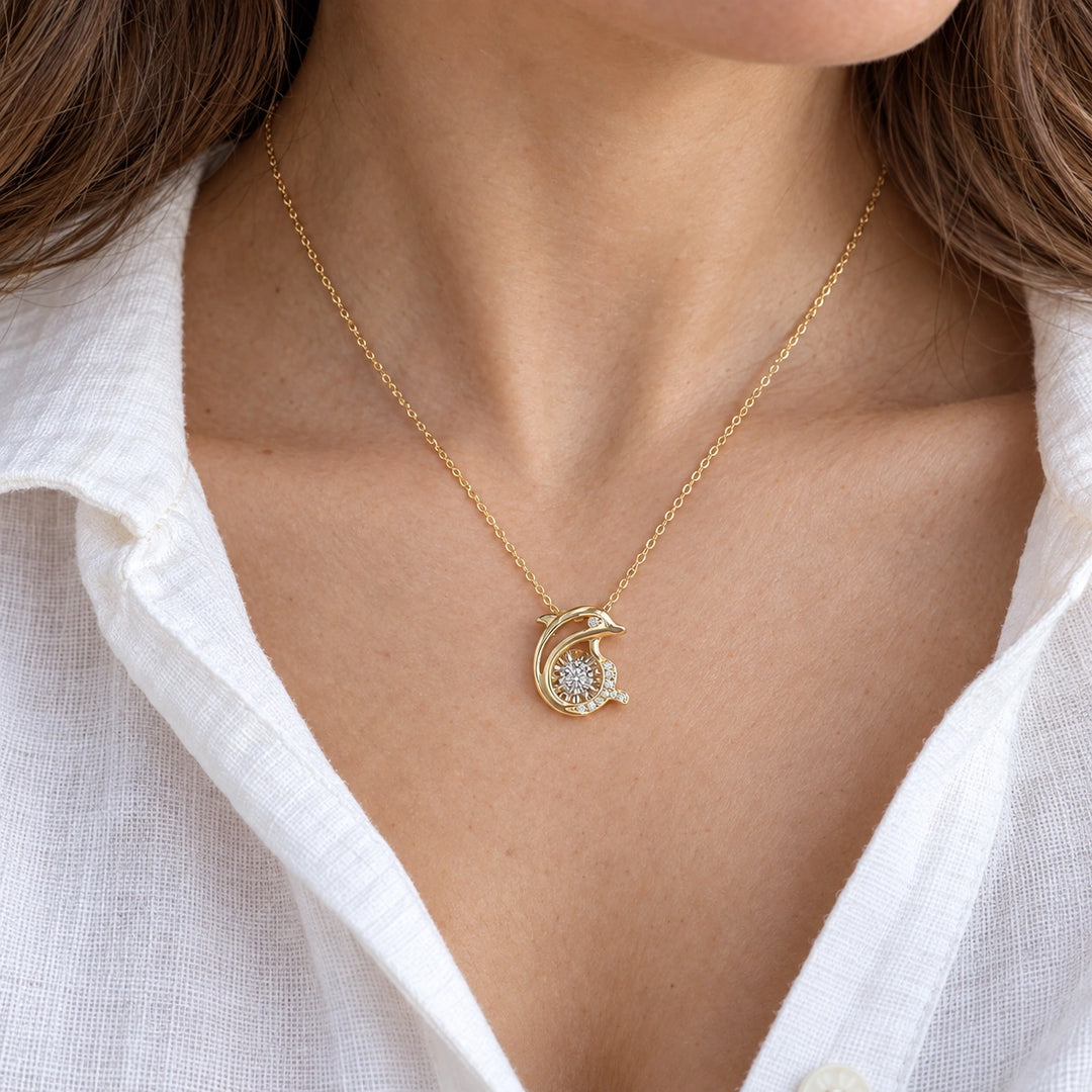 Dolphin Pendant with Dancing Lab Diamond worn on model