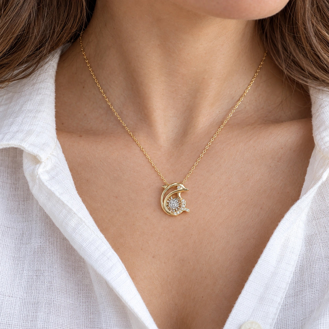 Dolphin Pendant with Dancing Lab Diamond worn on model