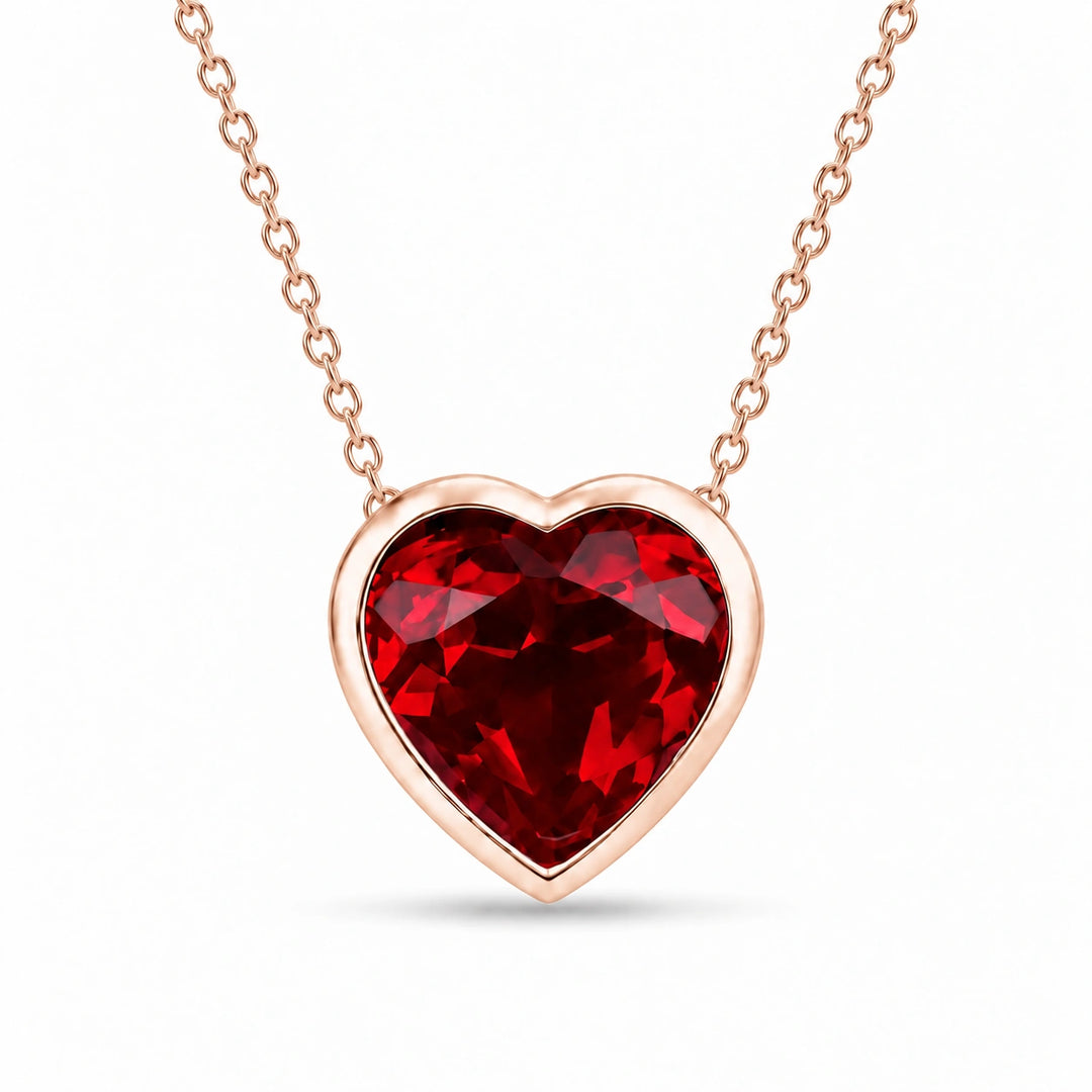Bezel-Set Heart Lab Ruby Pendant in 14K Rose Gold, product visualization