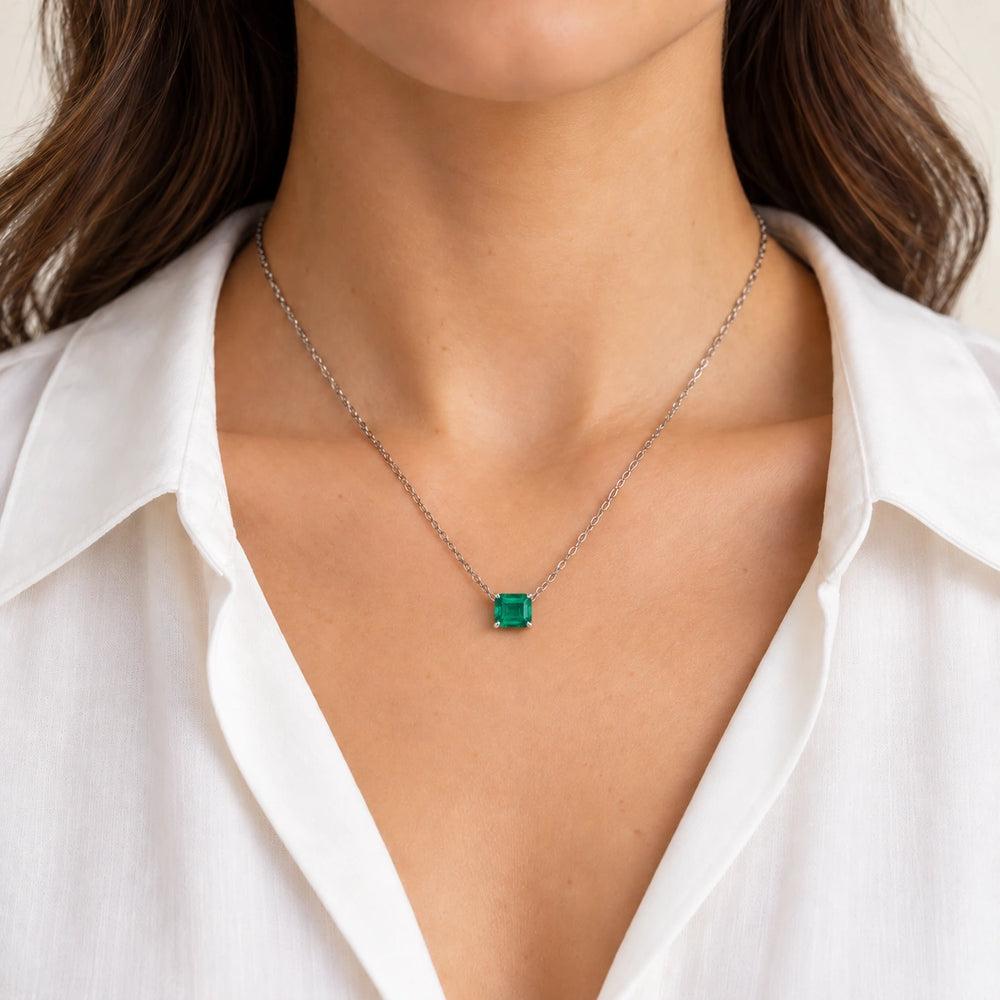Emerald-Cut Lab Emerald Pendant 3.00ct worn on model, styling visualization