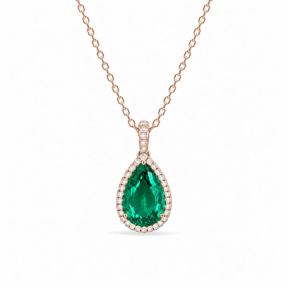 Pear Lab Emerald Halo Pendant in 14K Rose Gold