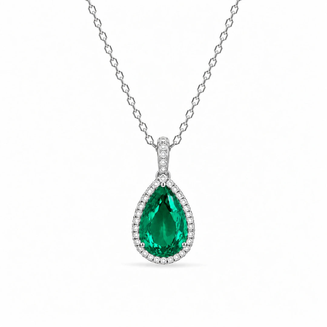 Pear Lab Emerald Halo Pendant in 14K White Gold, product visualization