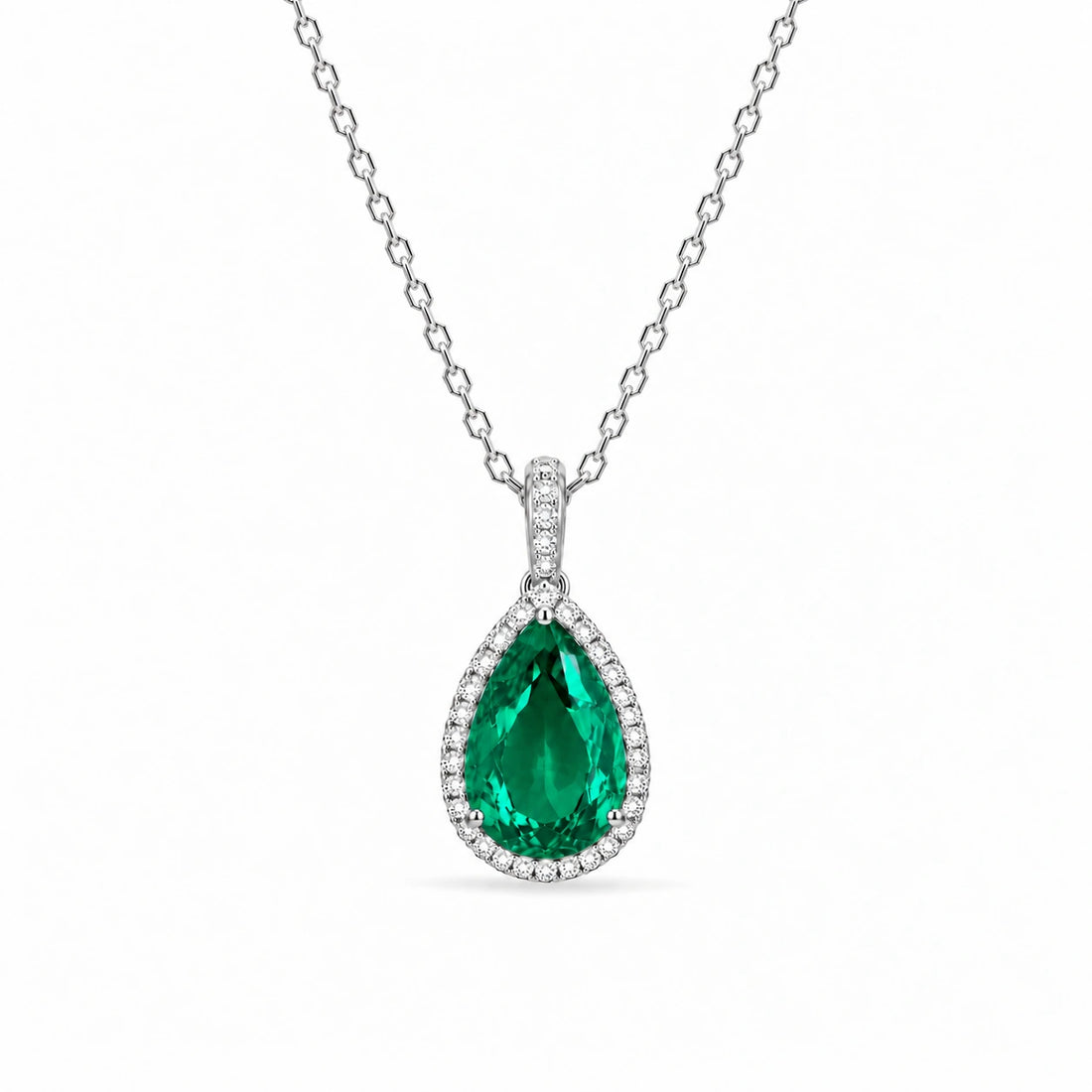 Pear Lab Emerald Halo Pendant in 14K White Gold