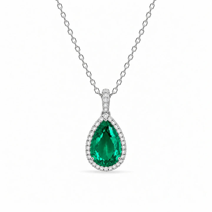 Pear Lab Emerald Halo Pendant in 14K White Gold, product visualization