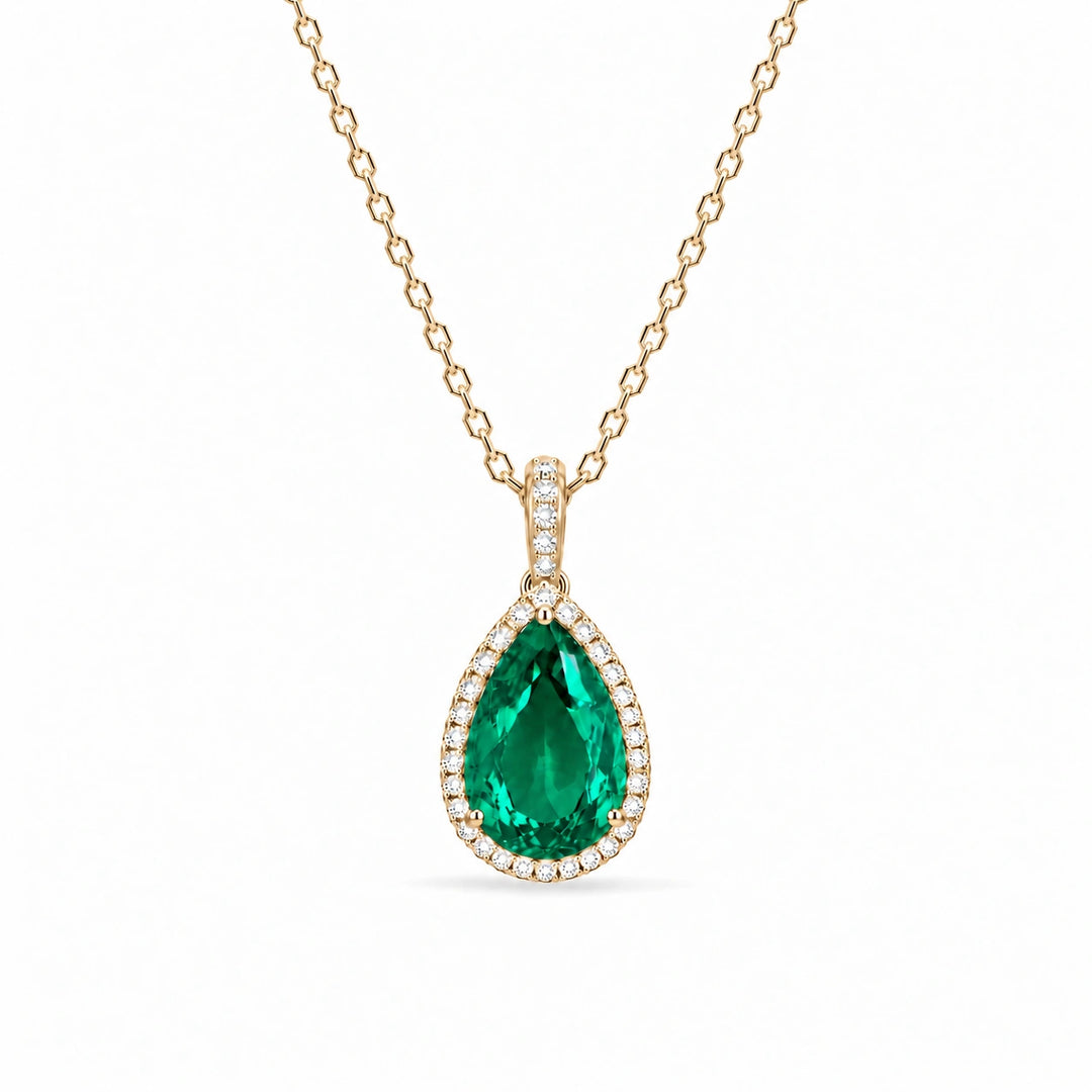 Pear Lab Emerald Halo Pendant in 14K Yellow Gold, product visualization