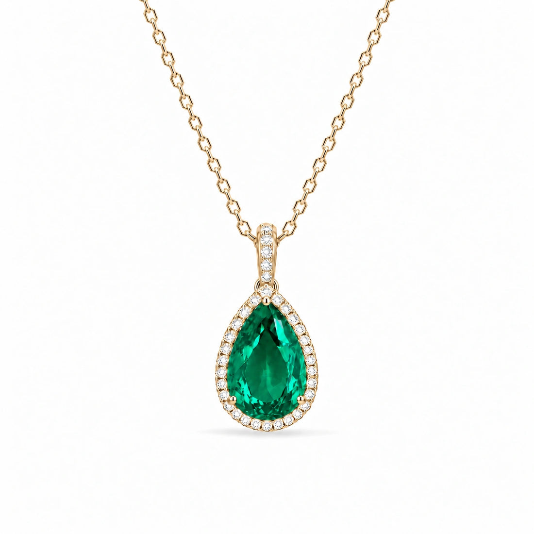 Pear Lab Emerald Halo Pendant in 14K Yellow Gold