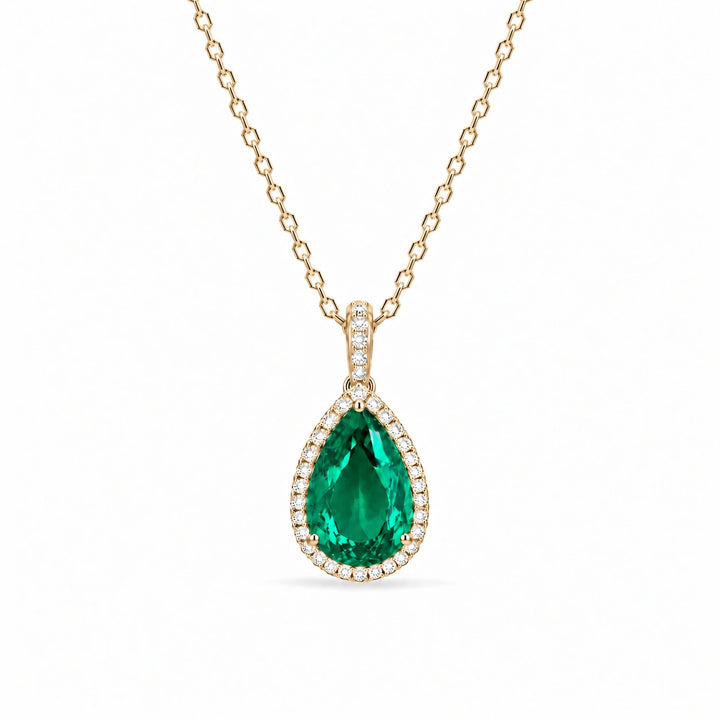 Pear Lab Emerald Halo Pendant in 14K Yellow Gold, product visualization