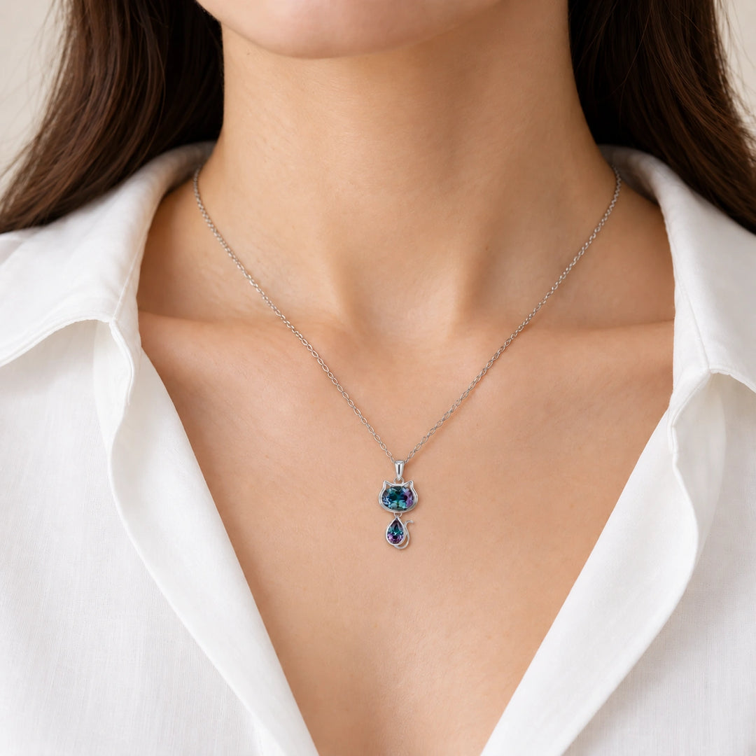 Cat Lab Alexandrite Pendant worn on model, styling visualization