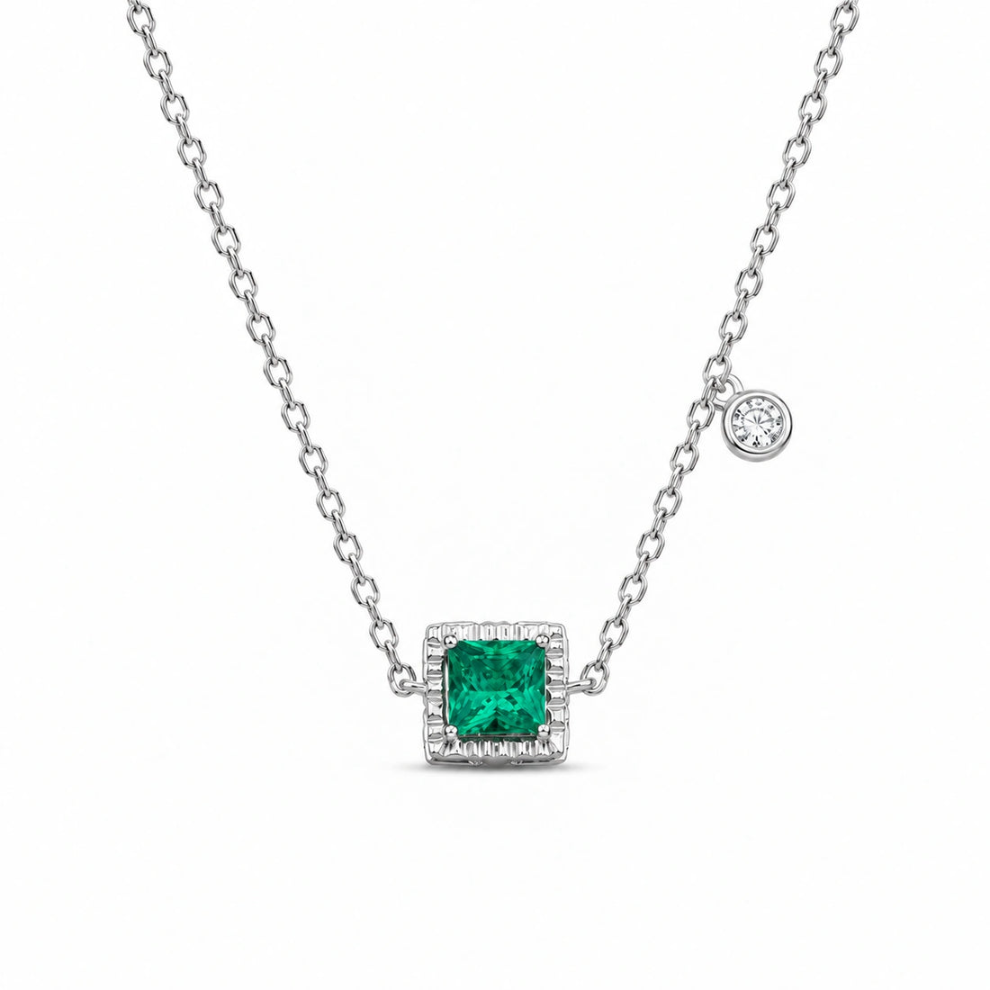 Princess-Cut Lab Emerald Station Pendant in 14K White Gold