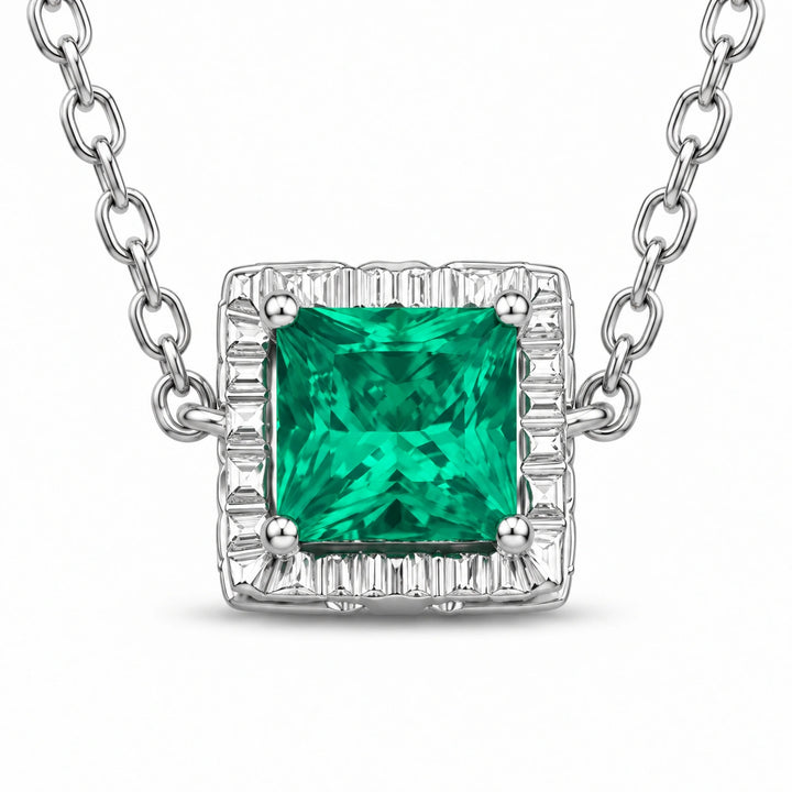 Princess-Cut Lab Emerald Station Pendant close-up detail, product visualization