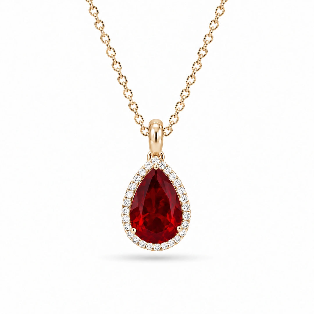 Pear Lab Ruby Halo Pendant in 14K Yellow Gold, product visualization
