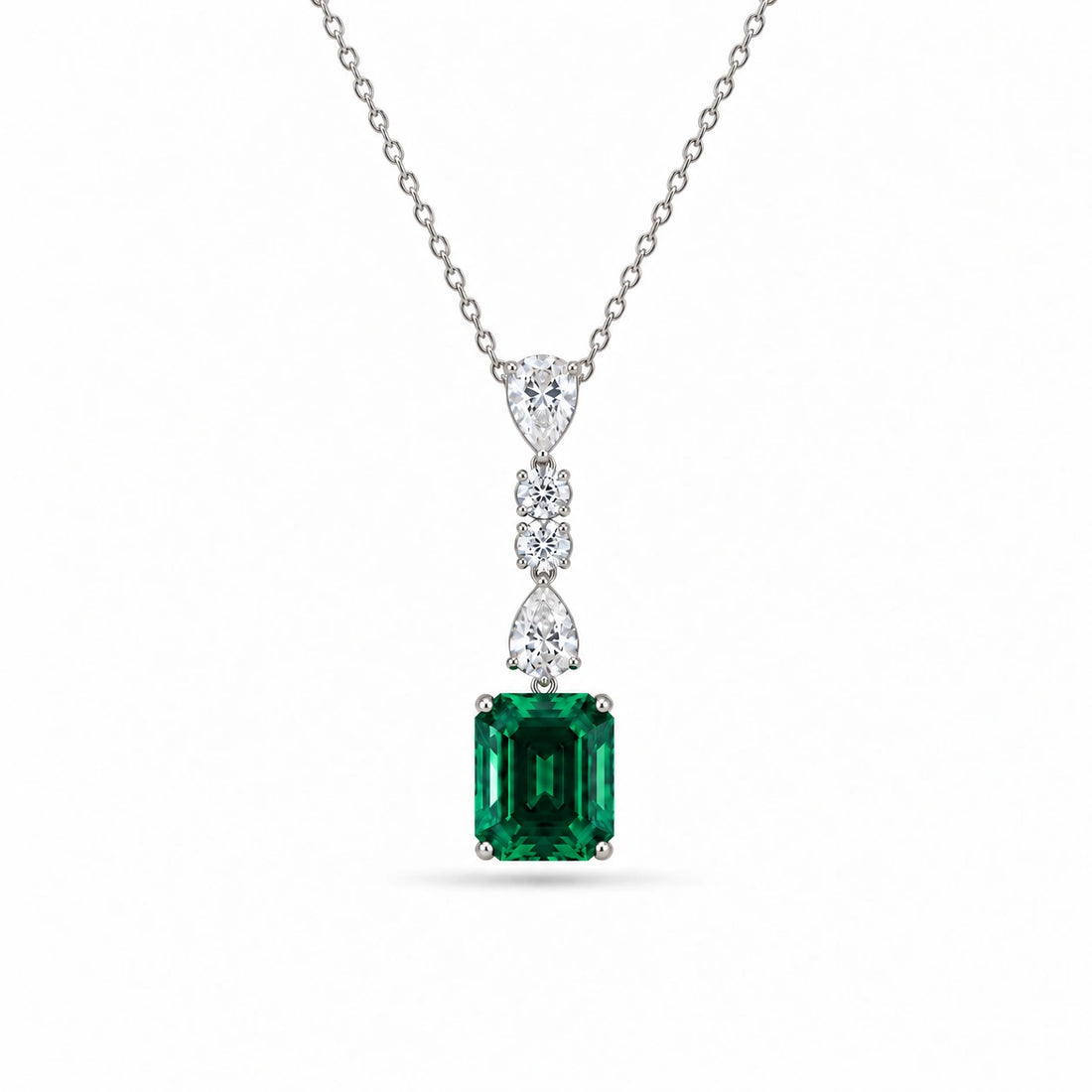 Emerald-Cut Lab Emerald & Diamond Drop Pendant in Platinum 950