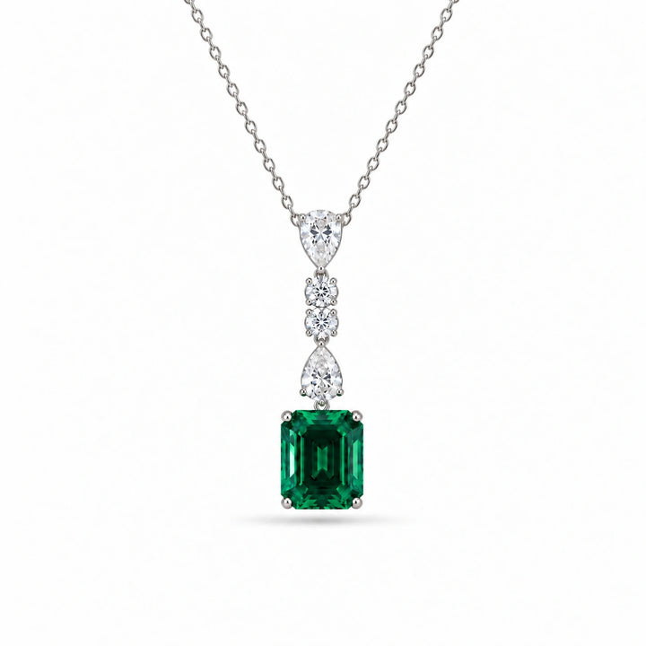Emerald-Cut Lab Emerald & Diamond Drop Pendant in Platinum 950