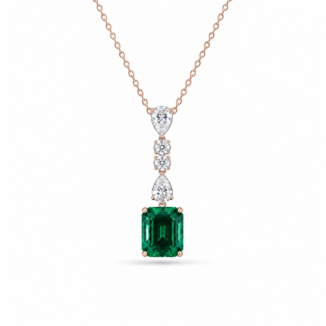 Emerald-Cut Lab Emerald & Diamond Drop Pendant in 14K Rose Gold
