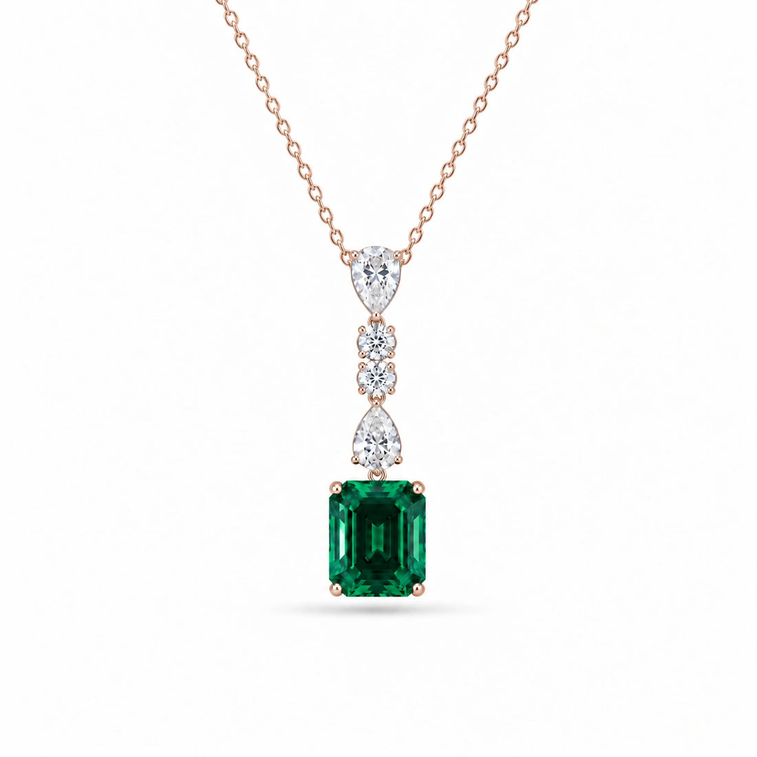 Emerald-Cut Lab Emerald & Diamond Drop Pendant in 14K Rose Gold