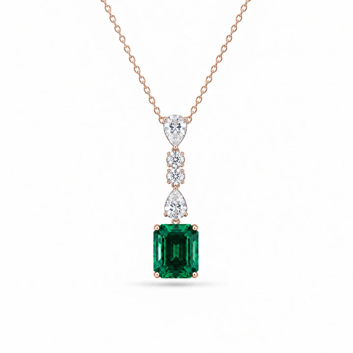 Emerald-Cut Lab Emerald & Diamond Drop Pendant in 14K Rose Gold