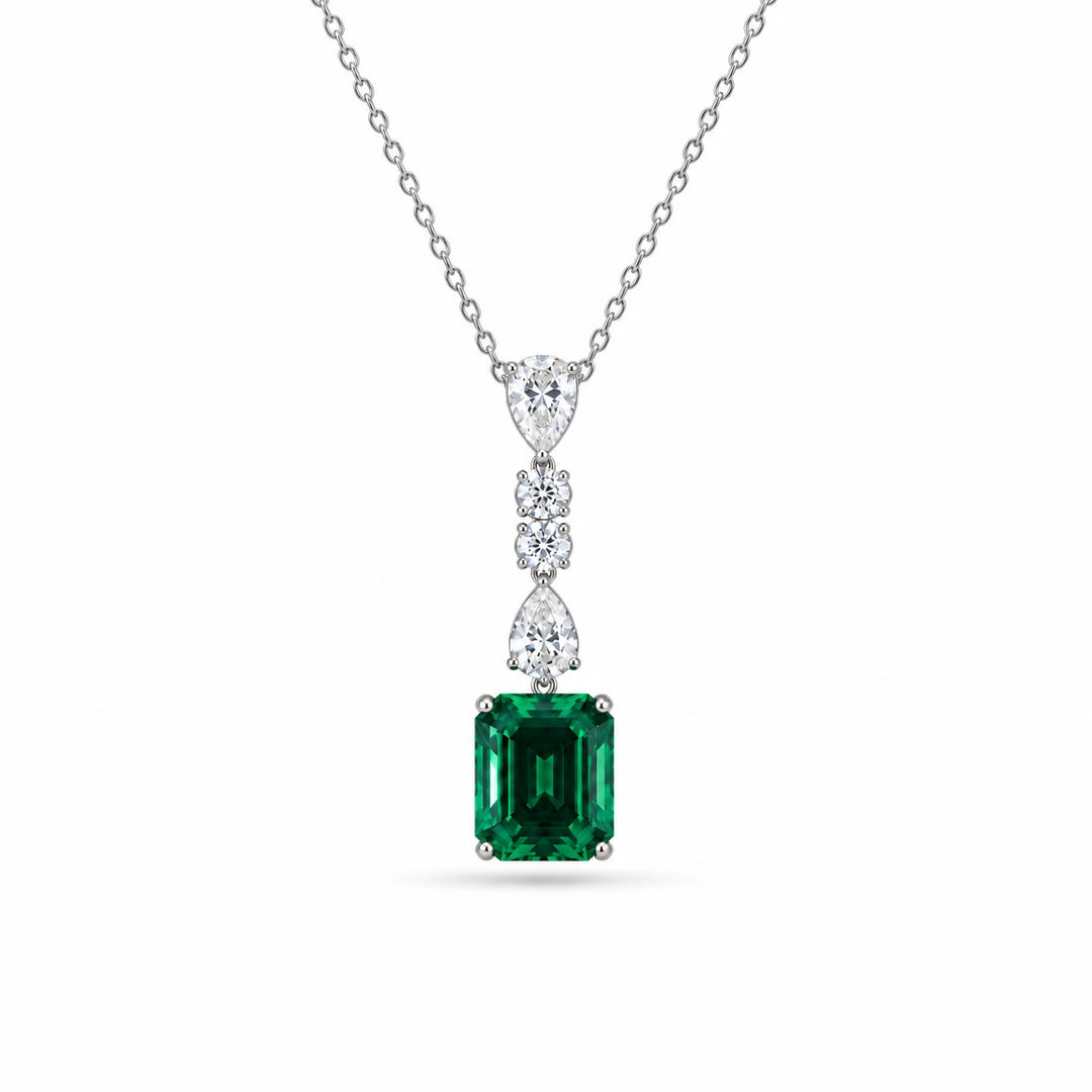 Emerald-Cut Lab Emerald & Diamond Drop Pendant in 14K White Gold