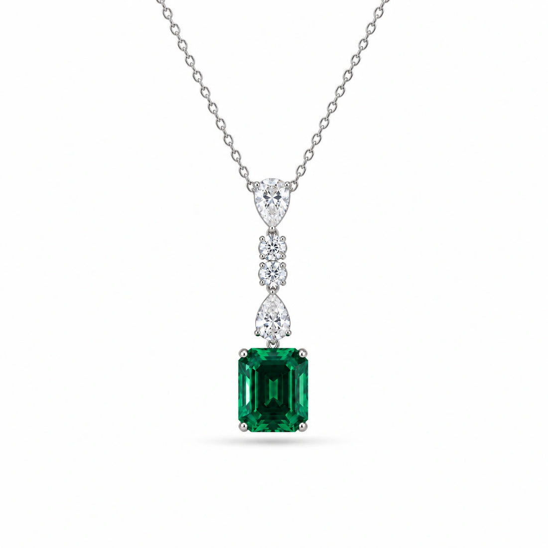 Emerald-Cut Lab Emerald & Diamond Drop Pendant in 14K White Gold